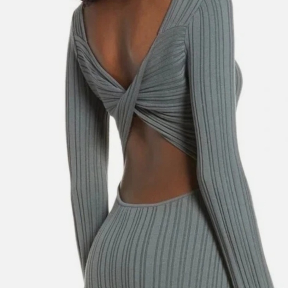 Open Edit  Ribbed Long Sleeve Open Back Crew Neck Dress - Picture 4 of 4